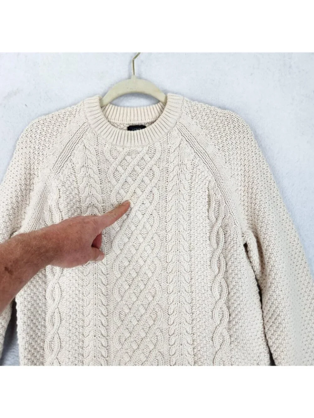 J Crew Sweater Mens Medium Cream Heritage Cotton Cable Knit Crew Neck Fisherman